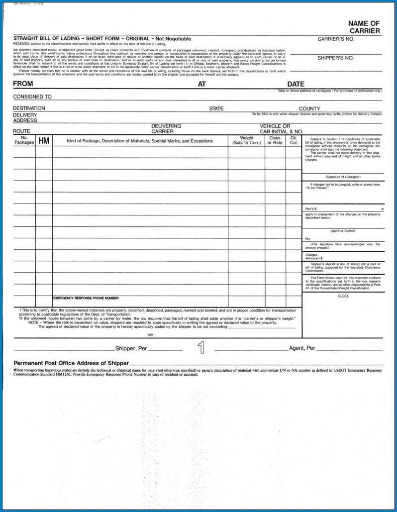 √ Free Printable Short Form Bill Of Lading | Templateral For Blank Bol Template