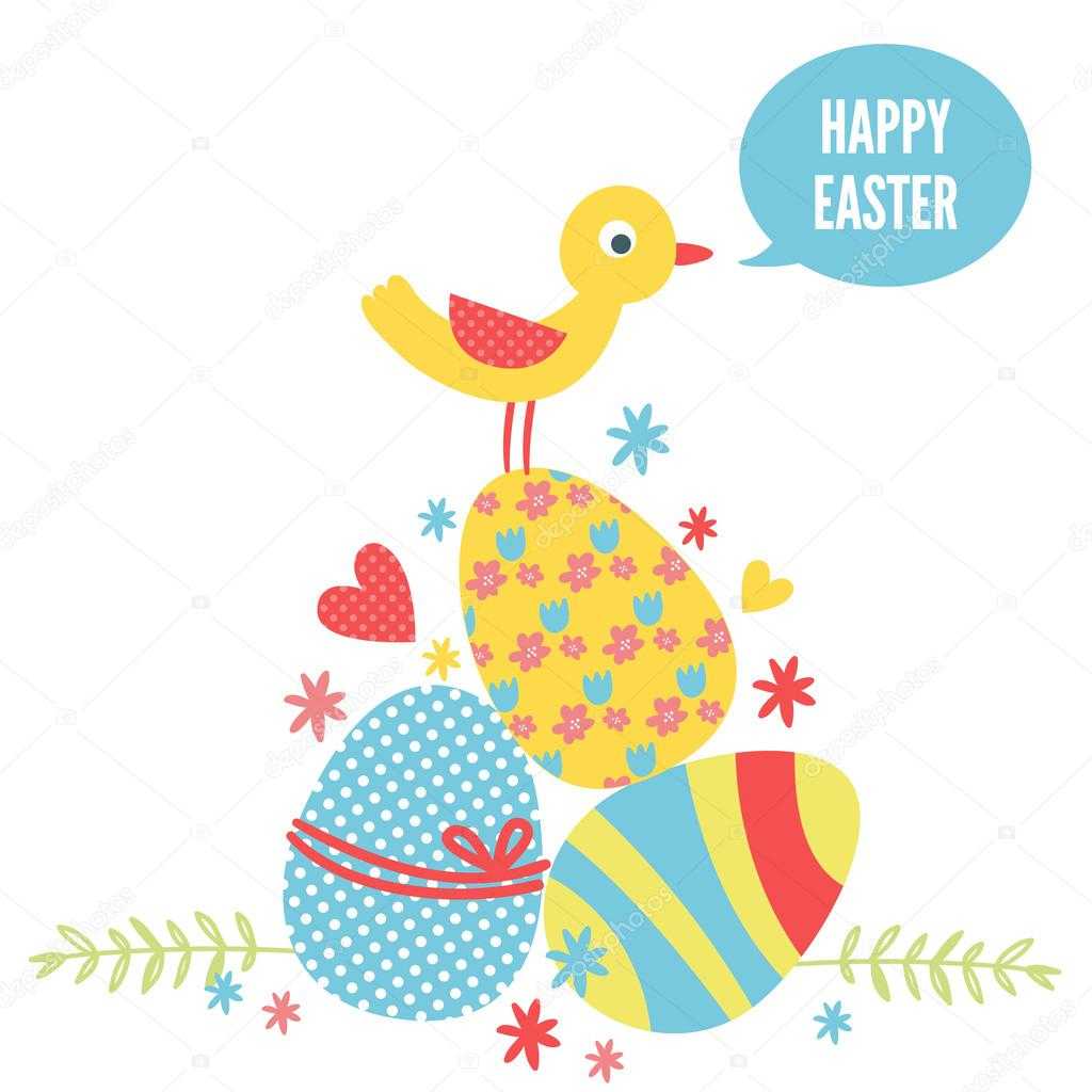 Easter Card Template With Colored Eggs And Cute Chicken Inside Easter Chick Card Template