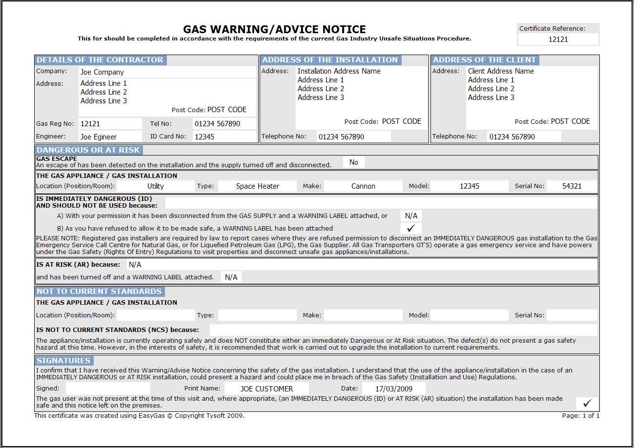 Easygas Certification Software For Electrical Minor Works Certificate Template
