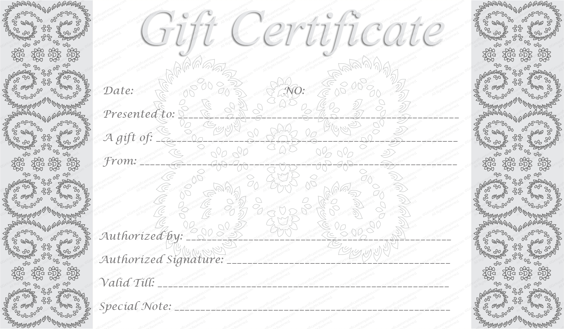 Editable And Printable Silver Swirls Gift Certificate Template In Microsoft Gift Certificate Template Free Word