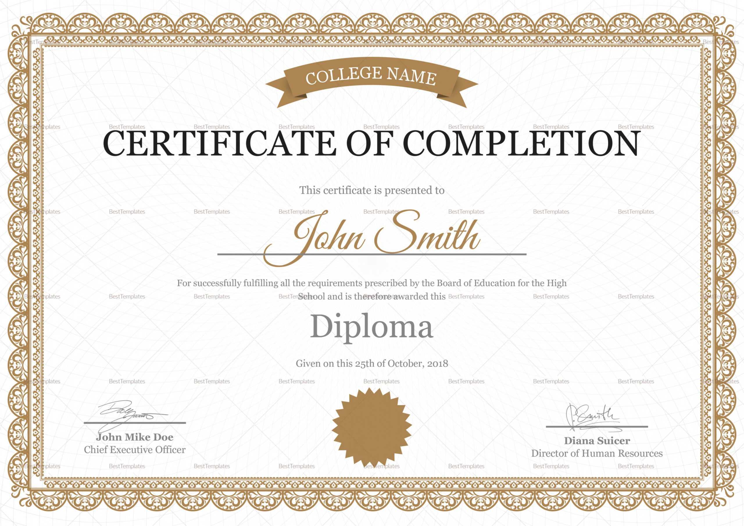 Editable High School Completion Certificate Design Template With Certificate Templates For School