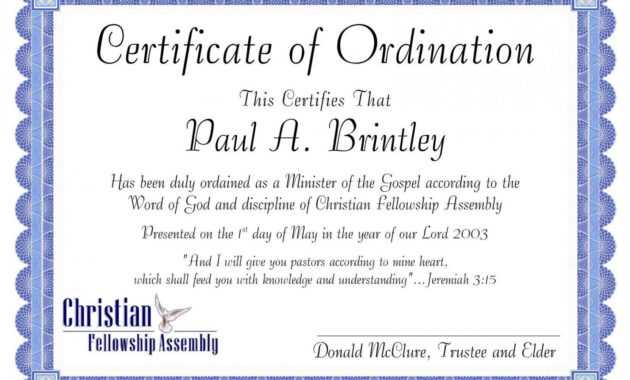 Editable Pastoral Ordination Certificatepatricia Clay throughout Ordination Certificate Template