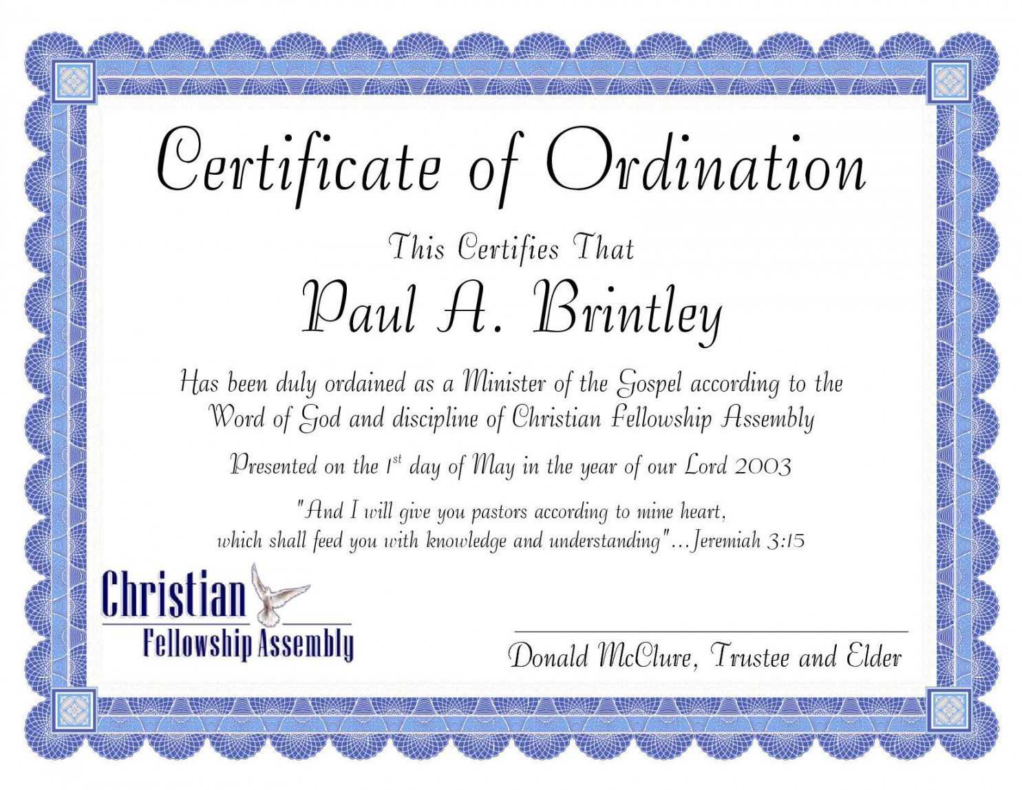 Editable Pastoral Ordination Certificatepatricia Clay Throughout Ordination Certificate Template