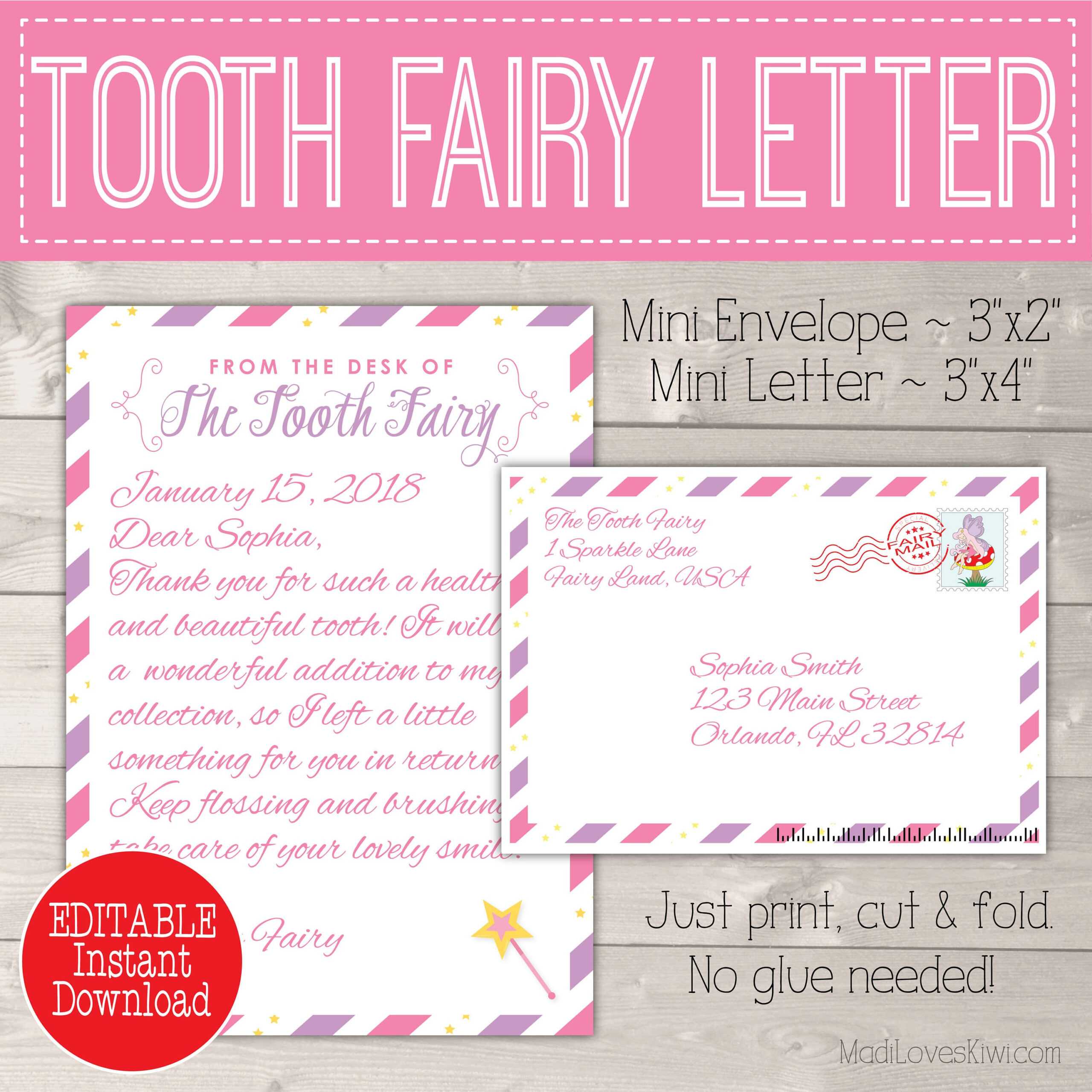 Editable Tooth Fairy Letter With Envelope | Printable Pink For Tooth Fairy Certificate Template Free