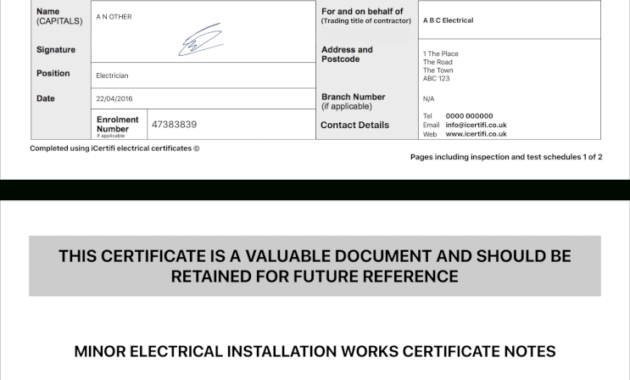 Electrical Certificate - Example Minor Works Certificate for Minor Electrical Installation Works Certificate Template