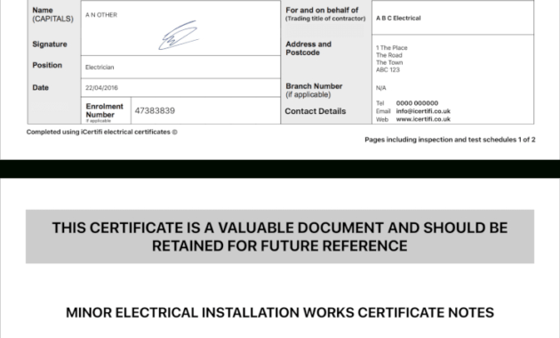 Electrical Certificate - Example Minor Works Certificate within Electrical Minor Works Certificate Template