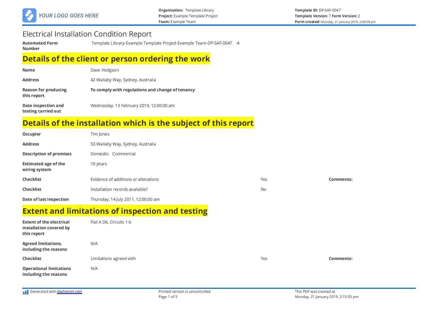 Electrical Installation Condition Report Sample And Free Inside Equipment Fault Report Template