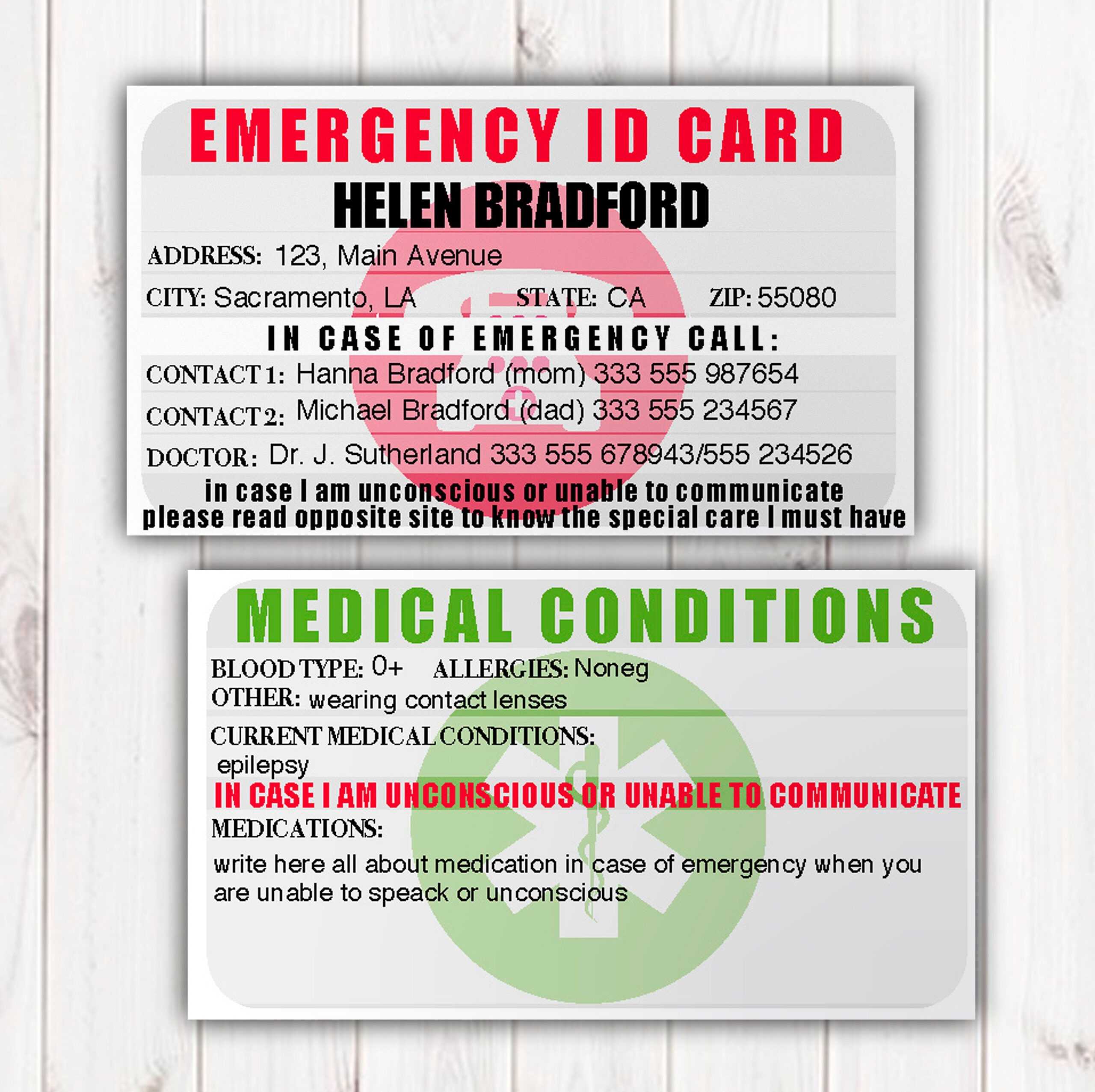 Emergency Identification Card Template, Medical Condition Intended For Medication Card Template