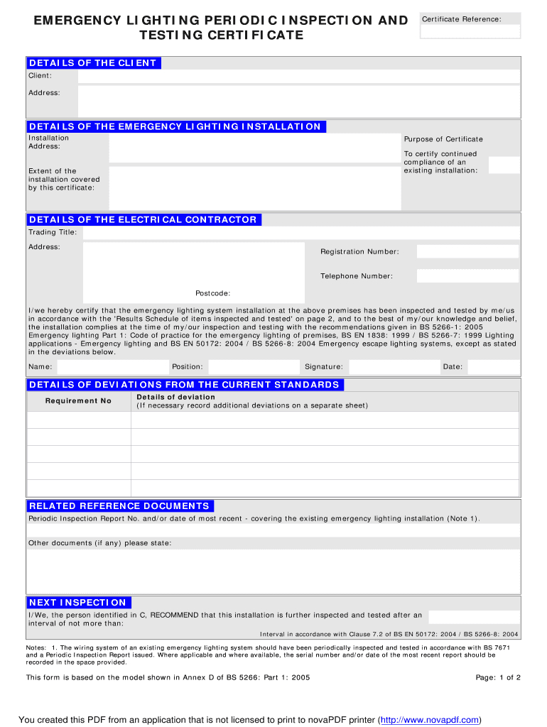 Emergency Lighting Certificate – Fill Online, Printable With Electrical Installation Test Certificate Template