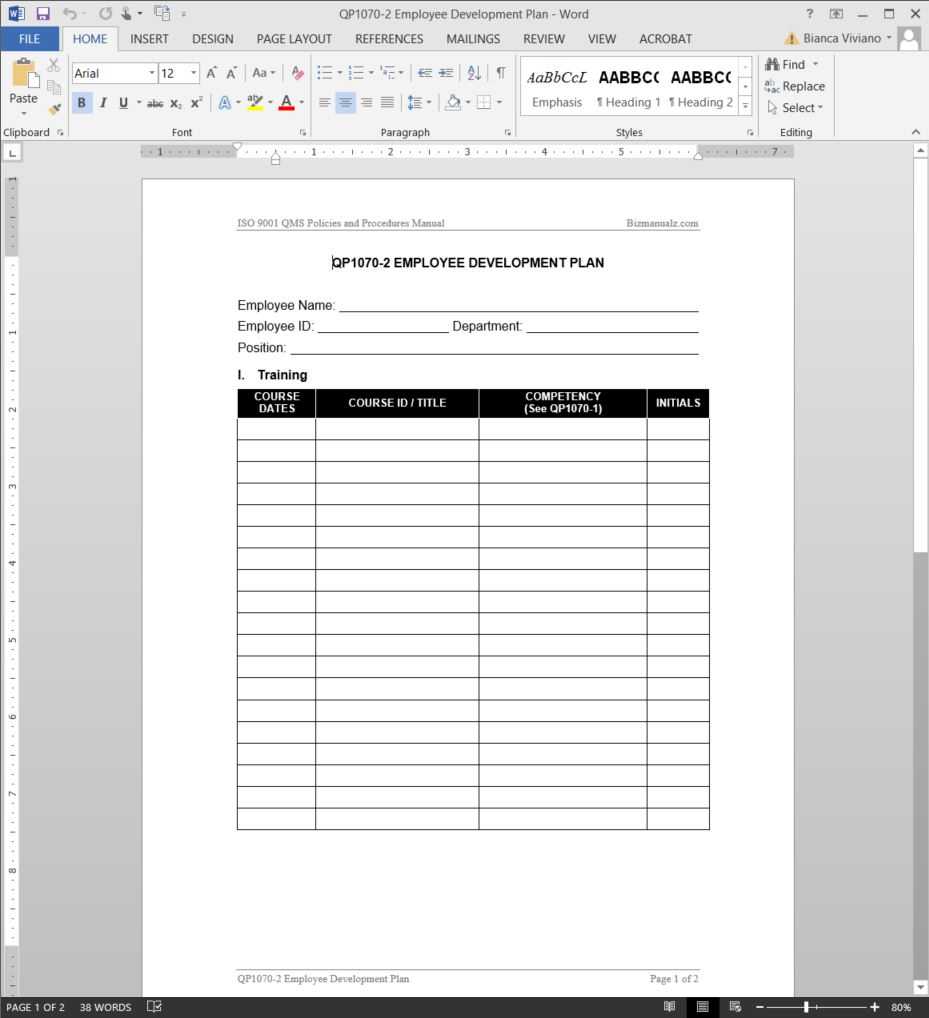 Employee Development Plan Iso Template | Qp1070 2 Within Training Documentation Template Word
