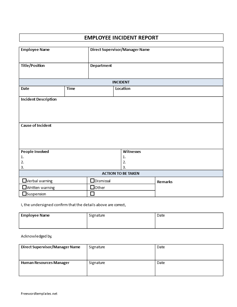 Employee Incident Report Sample | Templates At Within Employee Incident Report Templates