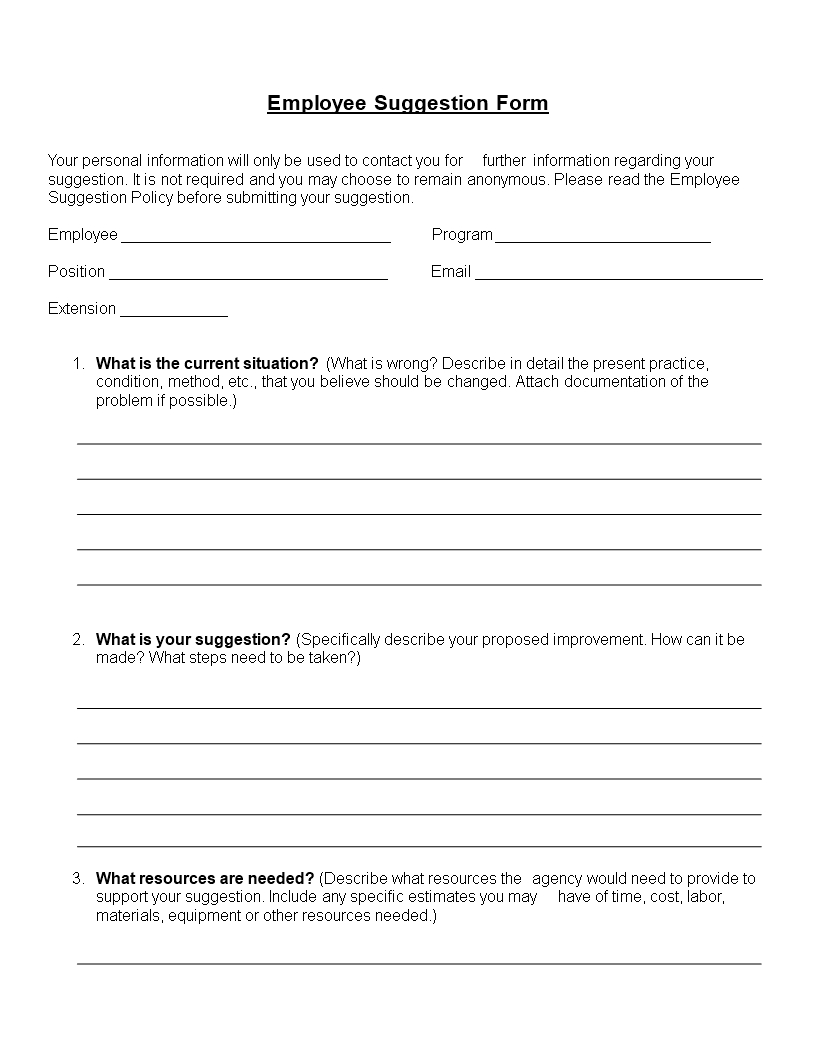 Employee Suggestion Form Word Format | Templates At In Word Employee Suggestion Form Template