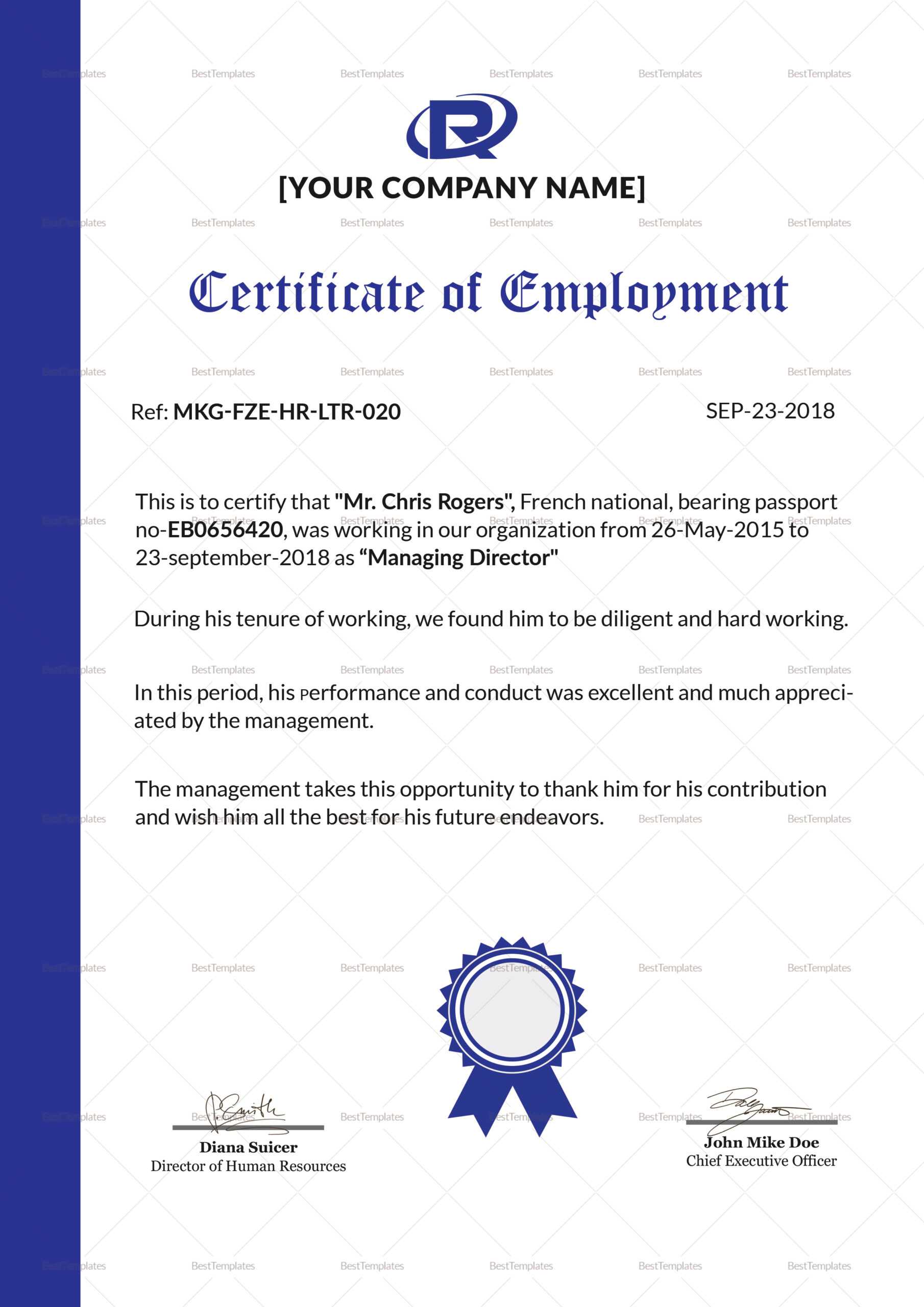 Employment Certificate Template – Zohre.horizonconsulting.co With Good Job Certificate Template