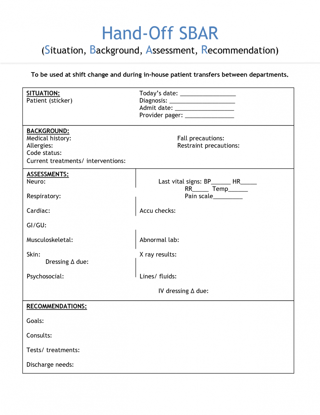 End Of Shift Nursing Report Template Examples Huntsman Sbar With Regard To Sbar Template Word