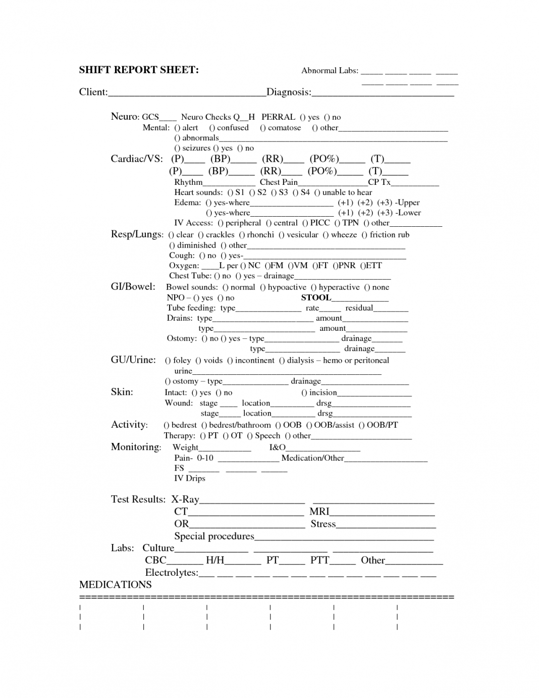 End Of Shift Nursing Report Template Examples Icu Nurse Sheet Within Icu Report Template