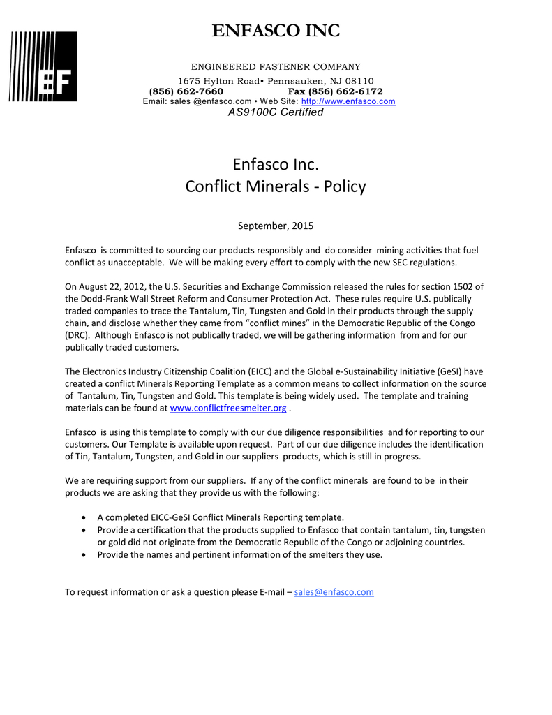 Enfasco Inc Enfasco Inc. Conflict Minerals - Policy With Eicc Conflict Minerals Reporting Template