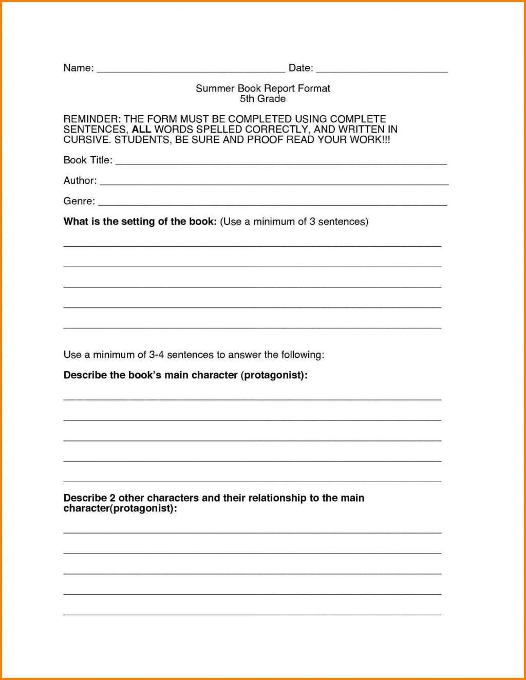 English Worksheets Book Report Template Outline 5Th Grade For Book Report Template 6Th Grade