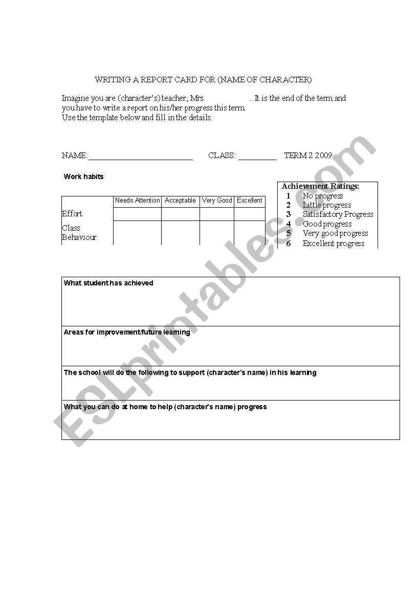 English Worksheets: Writng A Report Card For A Character Throughout Character Report Card Template