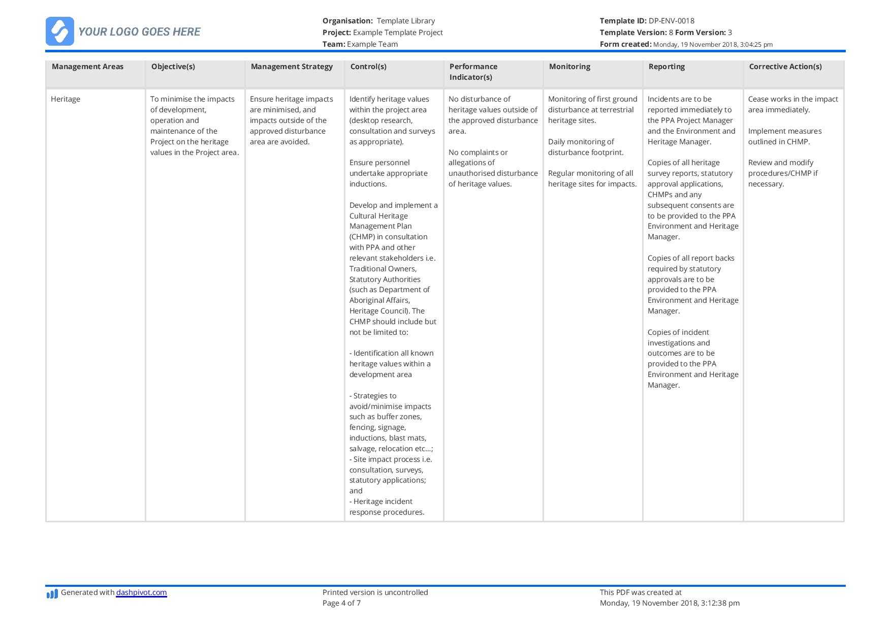 Environmental Management Plan Template (For Construction With Environmental Impact Report Template