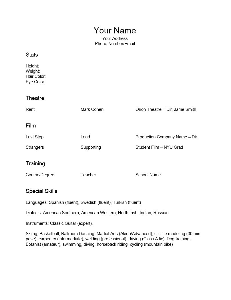 Epub] Resume For Actors Template – 6.6Mb For Theatrical Resume Template Word
