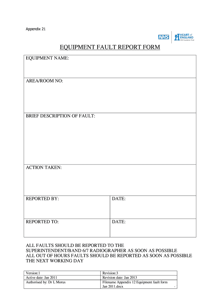 Equipment Fault Report – Fill Online, Printable, Fillable With Regard To Equipment Fault Report Template