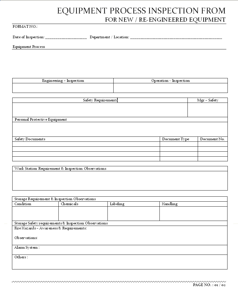 Equipment Process Inspection Form – Throughout Engineering Inspection Report Template