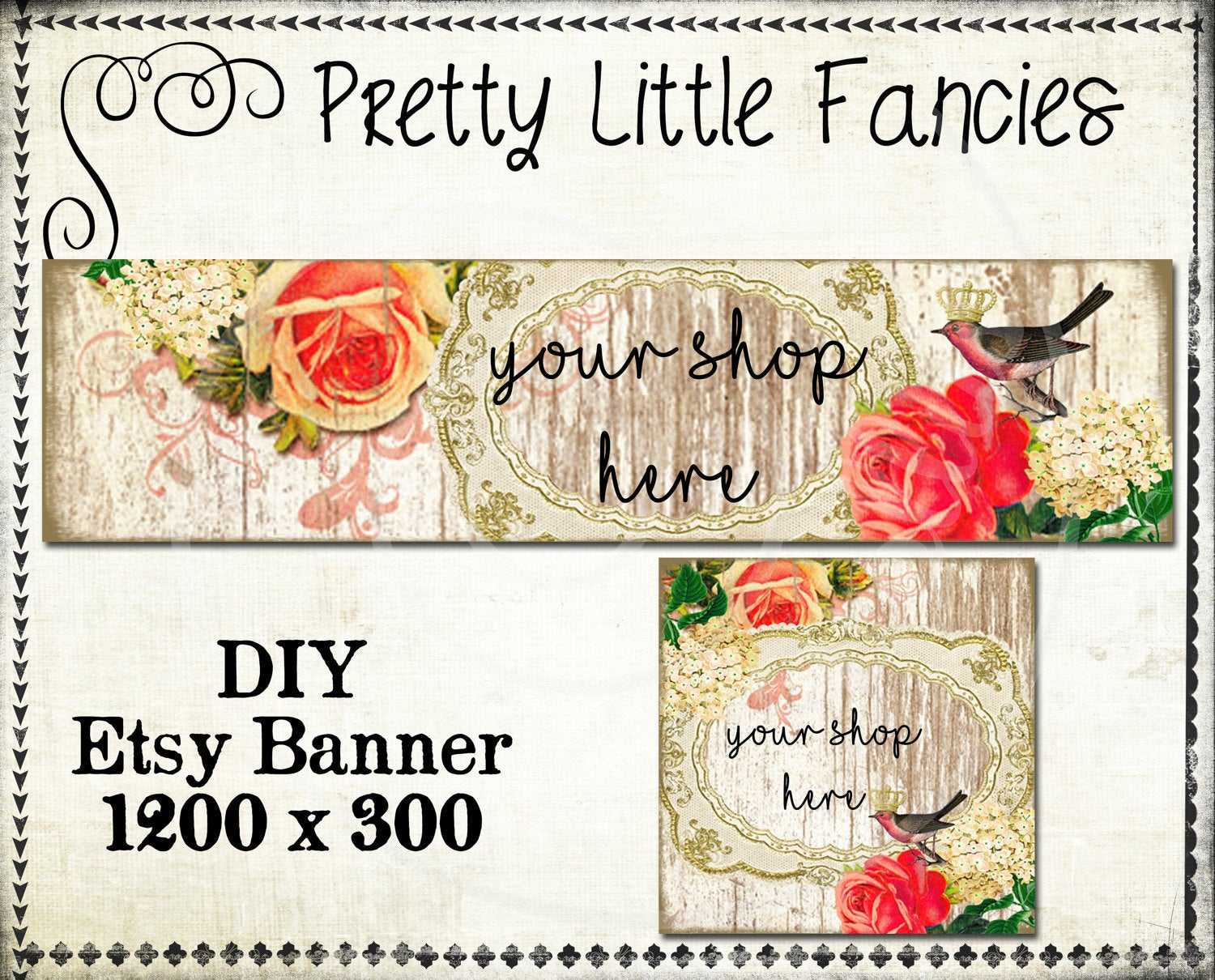 Etsy Shop Banner Diy Banner Template Premade Etsy Store Large Banner And  Icon Rustic Wood Vintage Frame Bird Digital Roses With Regard To Etsy Banner Template