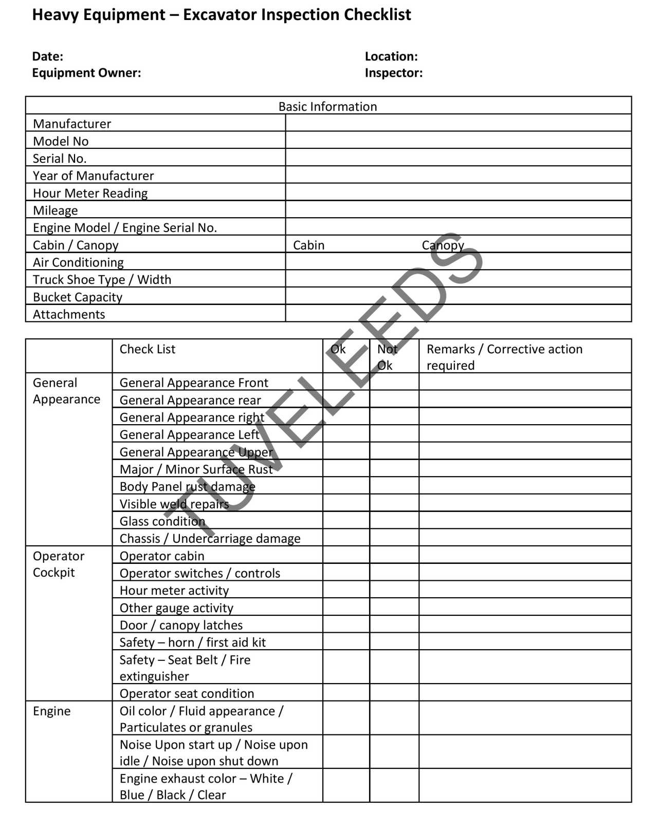 Excavator Inspection Checklist – Tove Leeds For Certificate Of Inspection Template