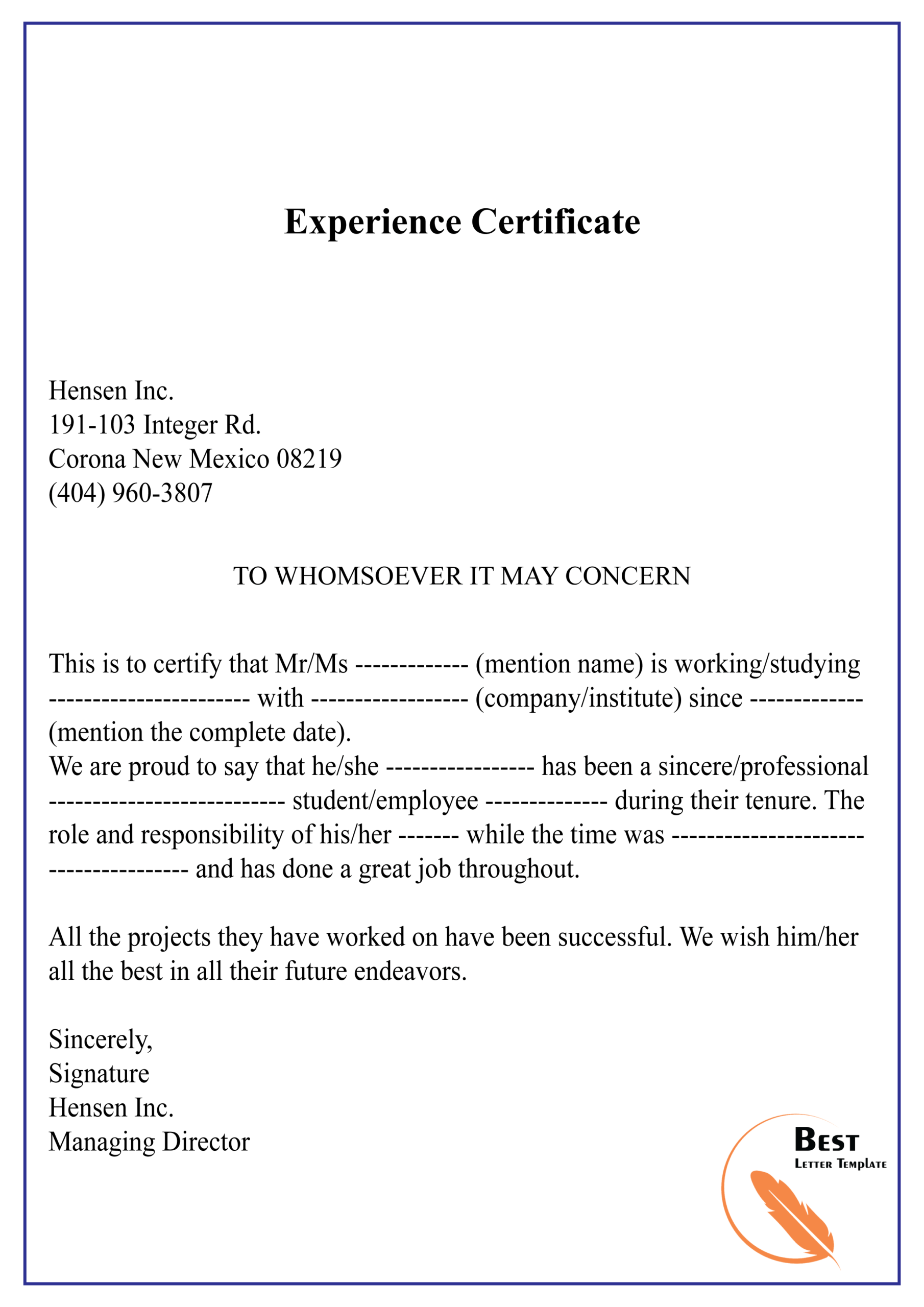 Experience Certificate 01 | Best Letter Template Inside Template Of Experience Certificate