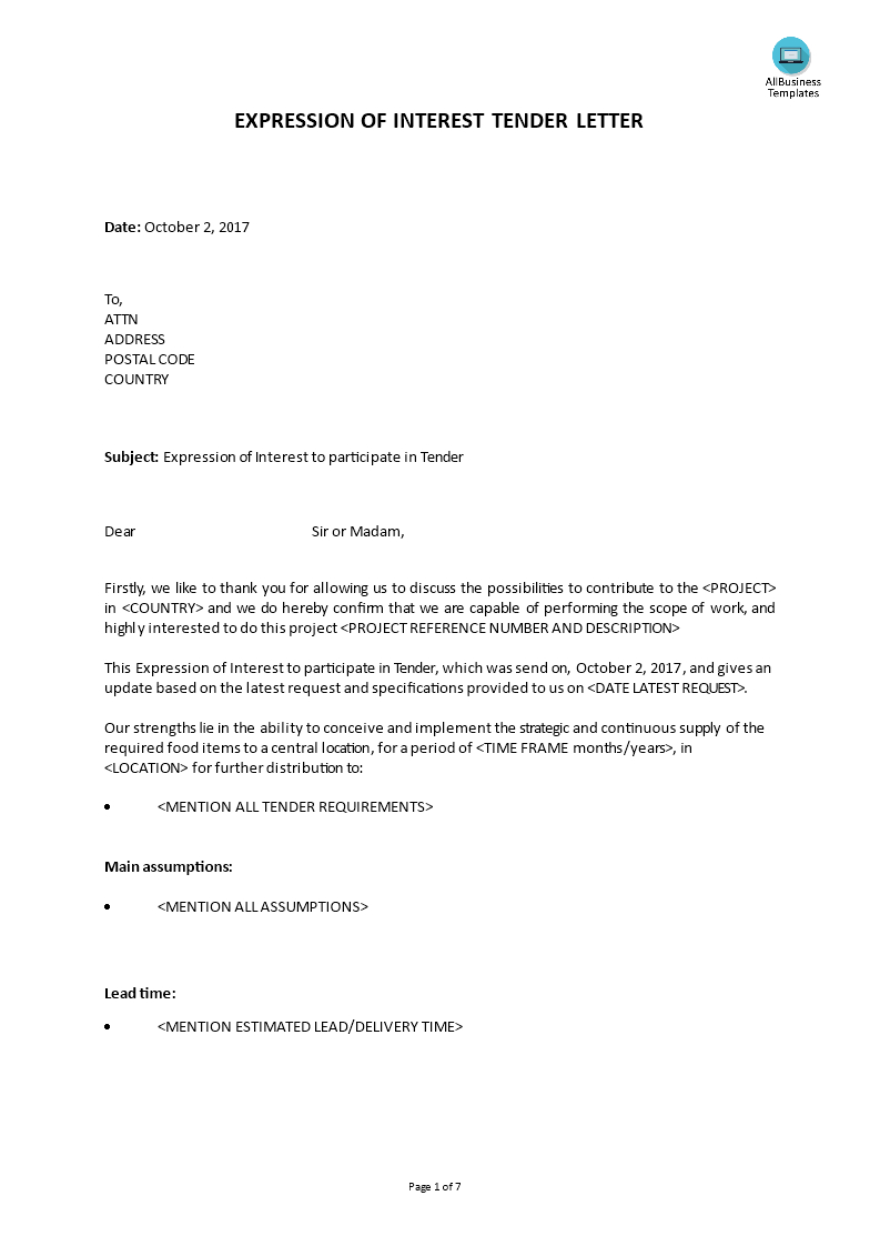 Expression Of Interest Tender Cover Letter | Templates At Within Letter Of Interest Template Microsoft Word