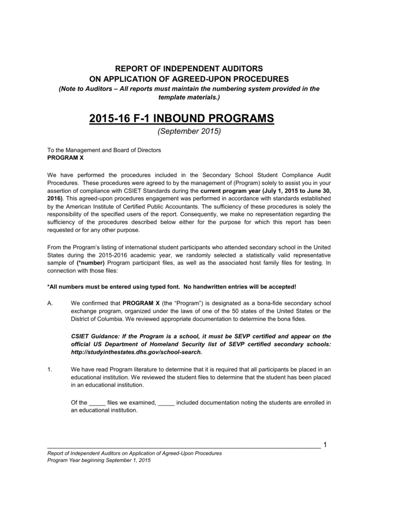 F 1 Compliance Audit Report Pertaining To Agreed Upon Procedures Report Template