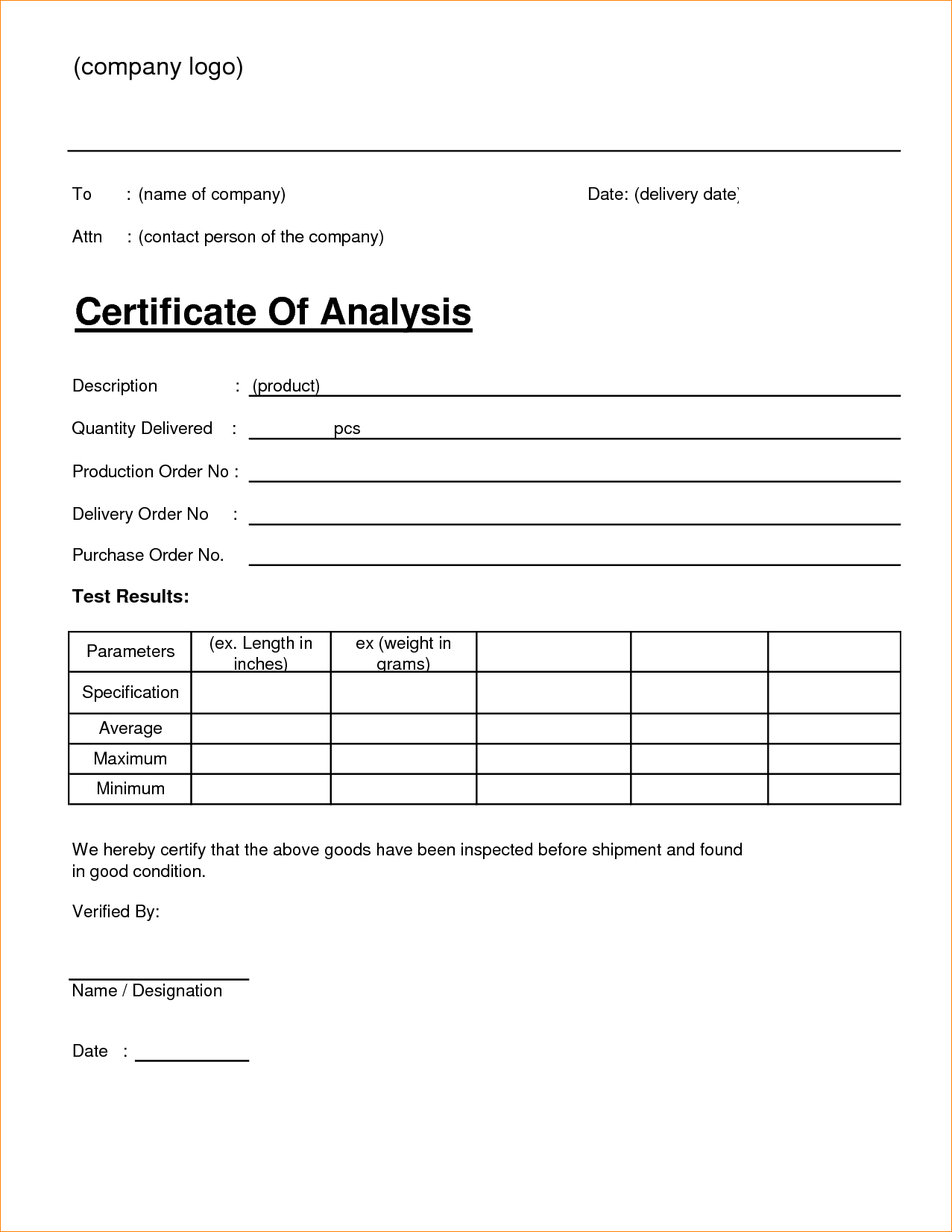 🥰4+ Free Sample Certificate Of Analysis (Coa) Templates🥰 Within Certificate Of Analysis Template