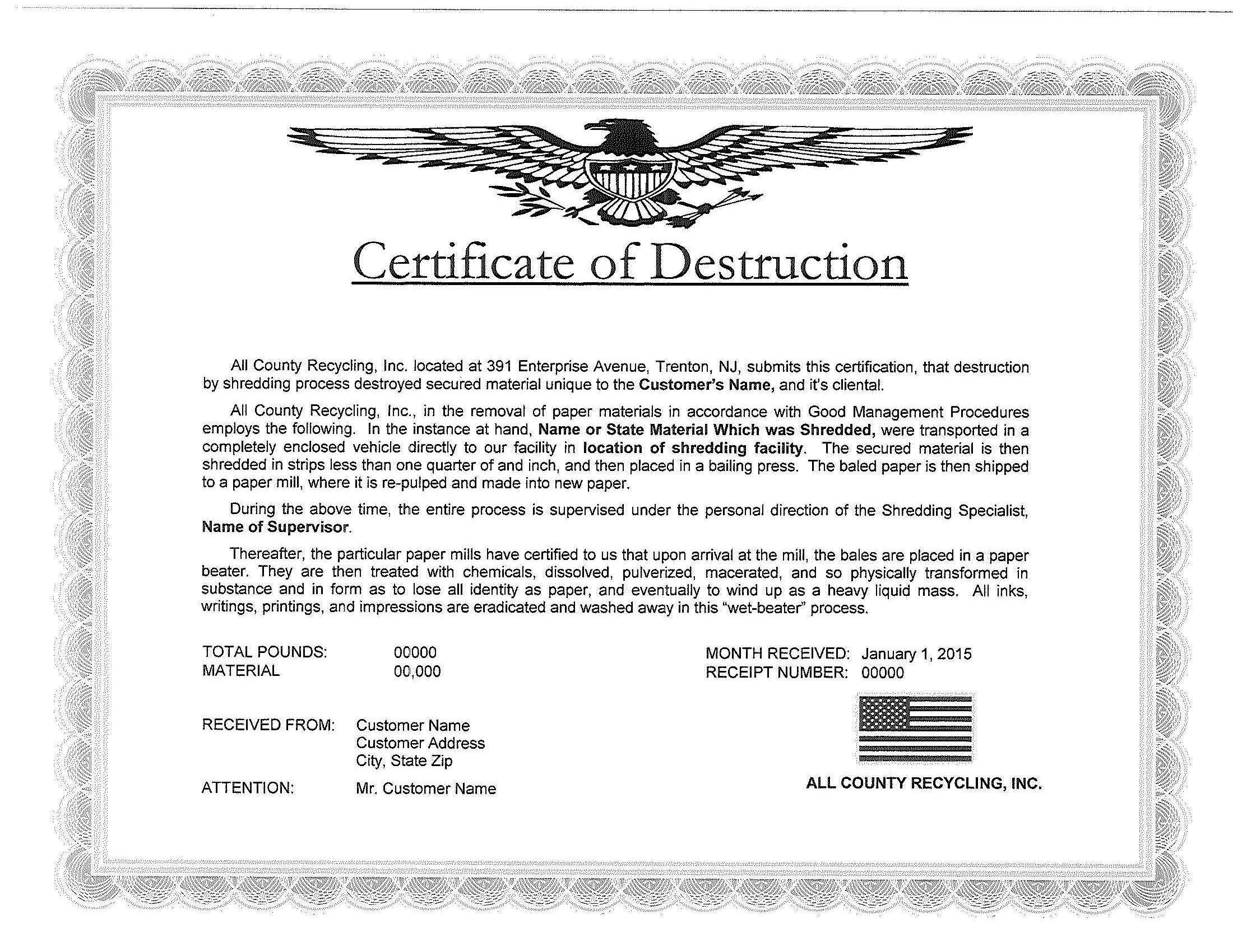 🥰5+ Free Certificate Of Destruction Sample Templates🥰 With Regard To Destruction Certificate Template