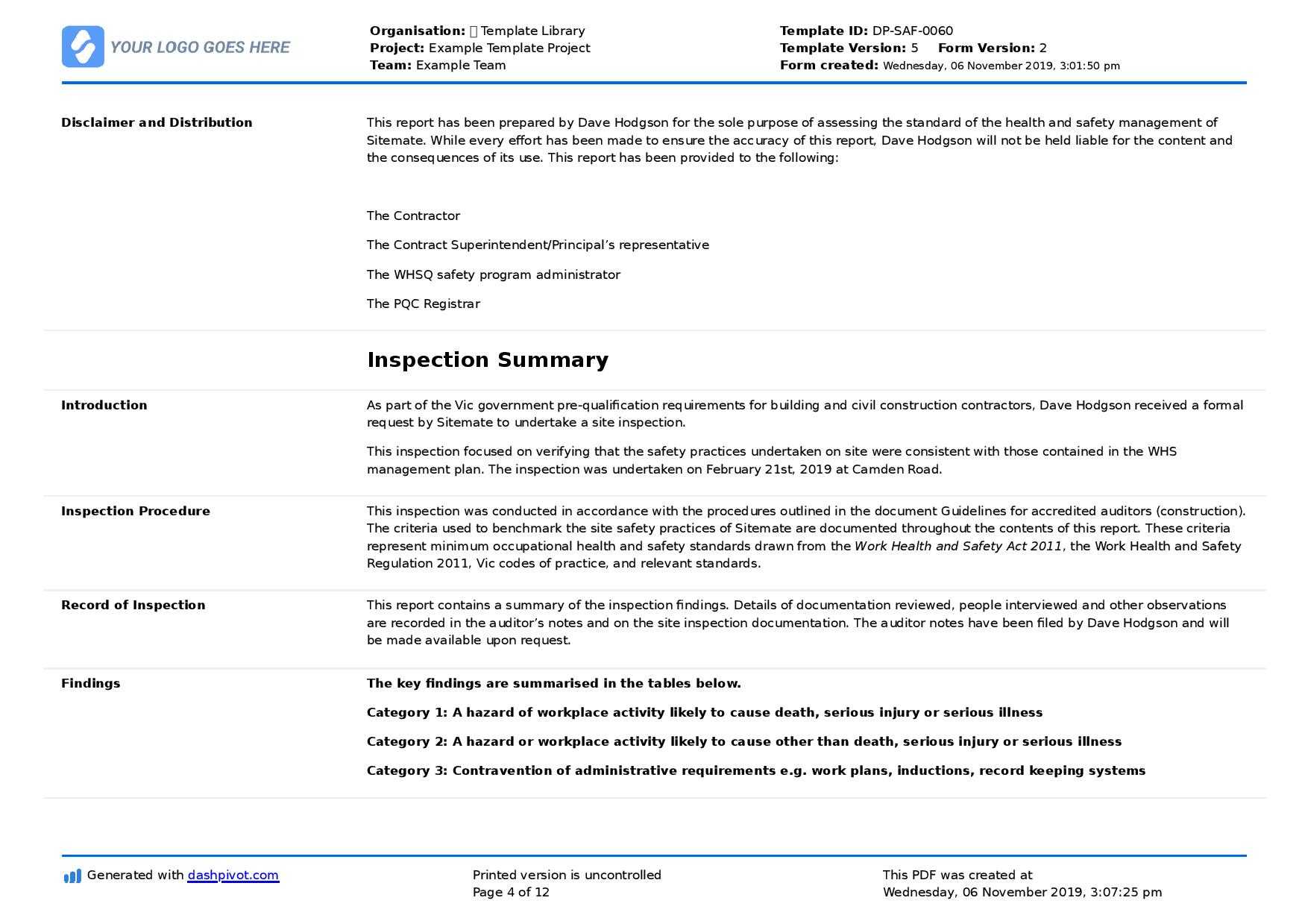 Field Inspection Report Template (Free To Use And Better For For Field Report Template