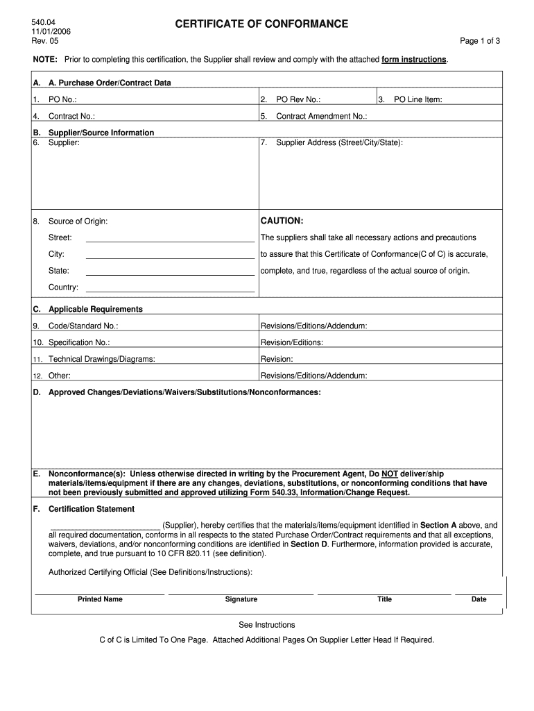 Fillable Online Supplier Certificate Of Conformance Form With Certificate Of Conformance Template