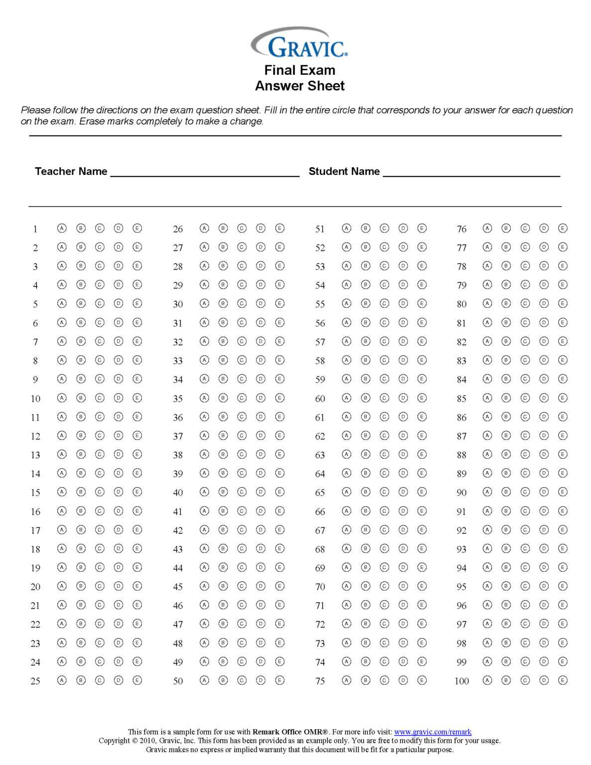 Blank Answer Sheet Template 1 100 Professional Template