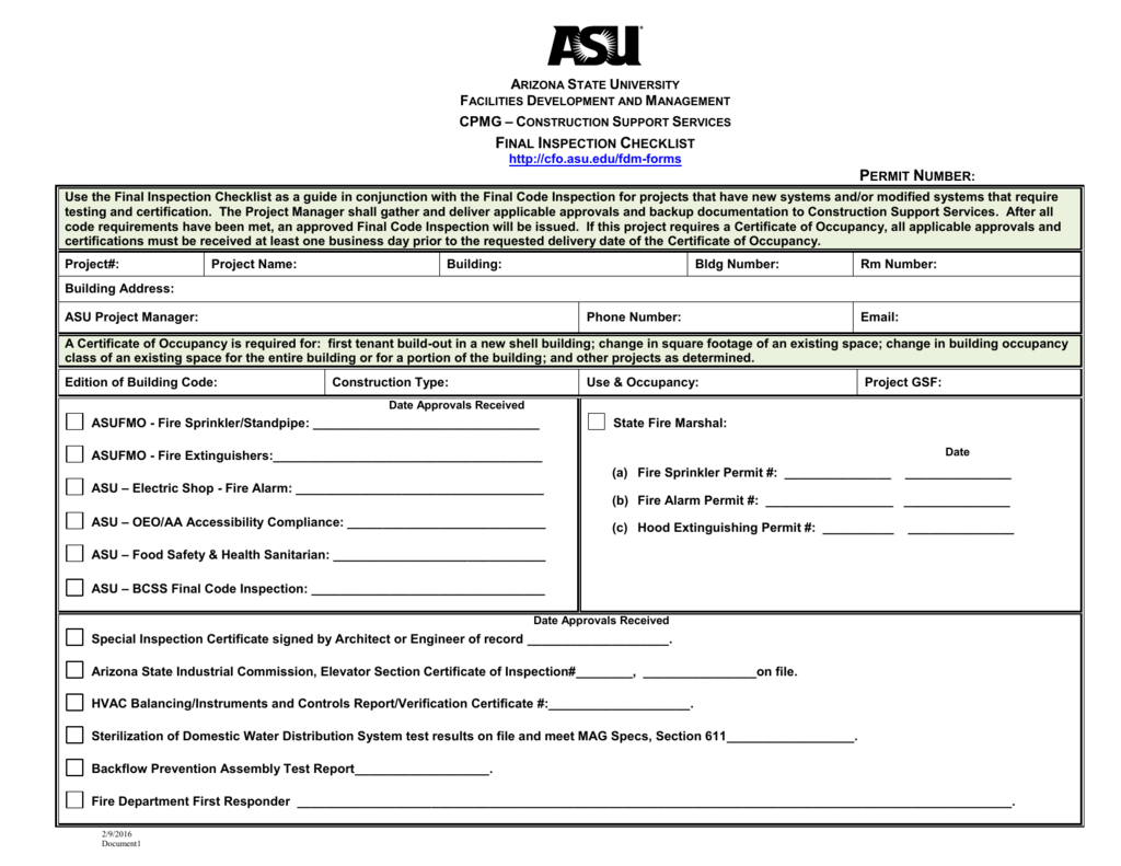 Final Inspection Checklist With Certificate Of Inspection Template