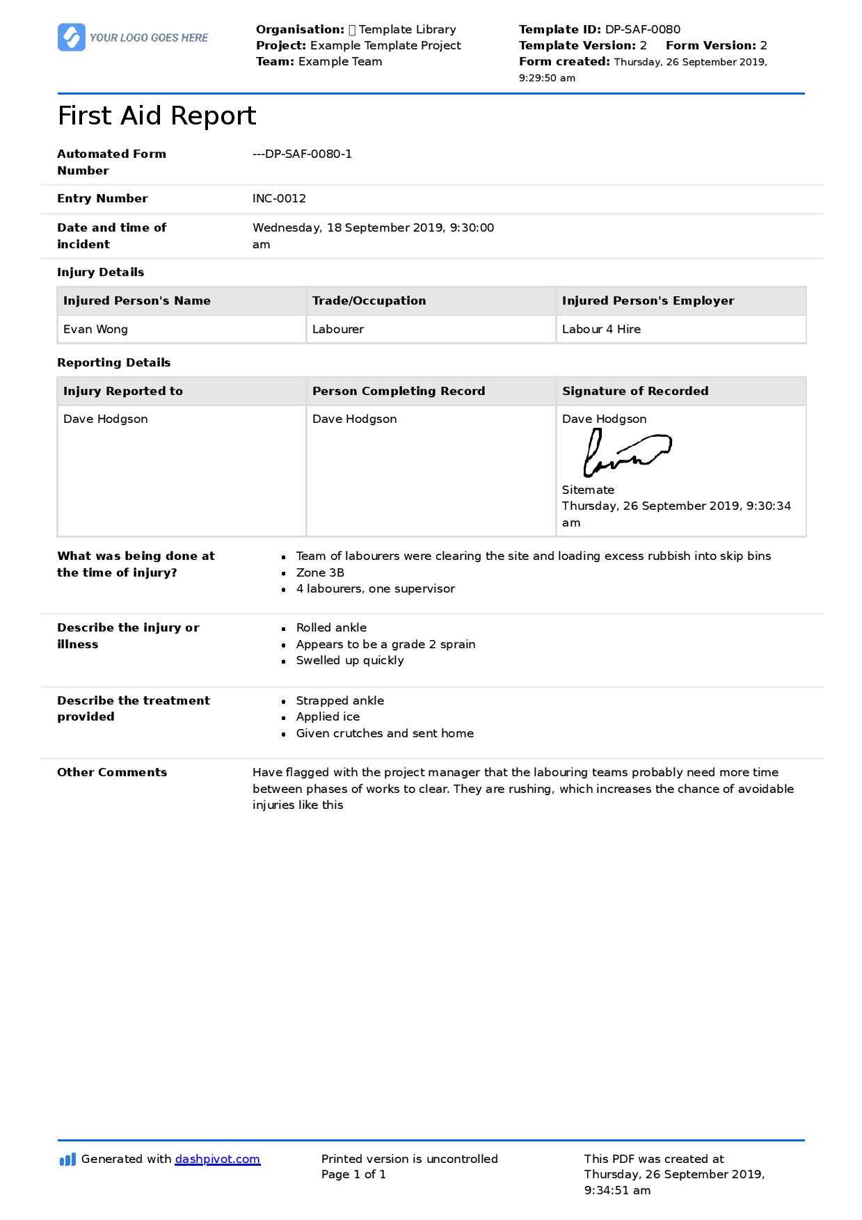 First Aid Incident Form Intended For Incident Report Template Uk