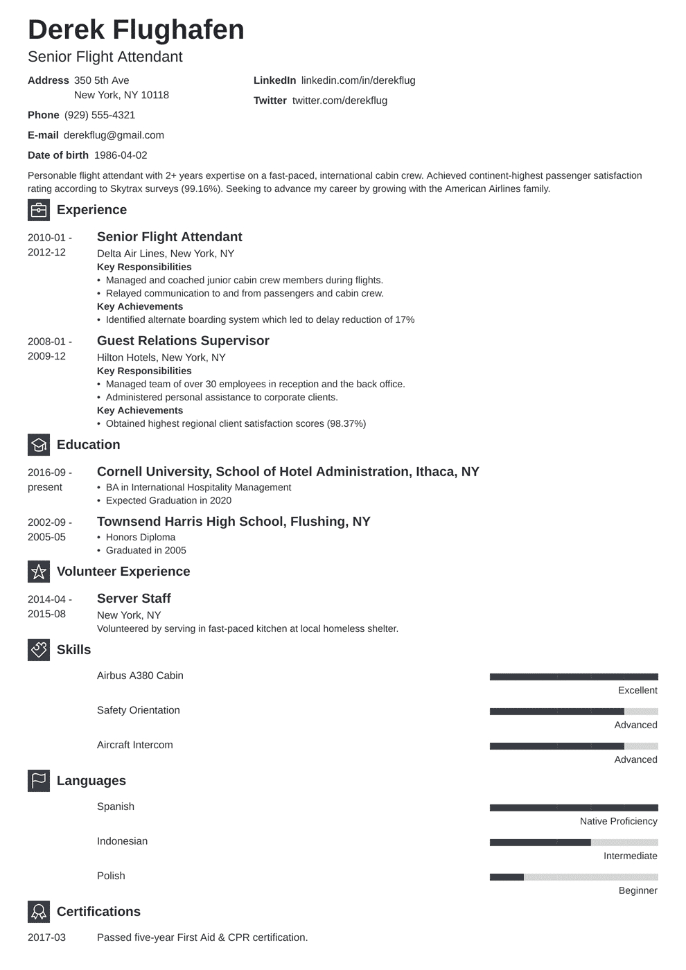 Flight Attendant Resume Sample [Also With No Experience] Throughout Fit To Fly Certificate Template