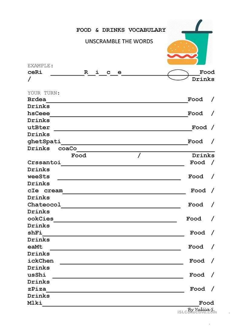 Food And Drinks Vocabulary Unscramble – English Esl Worksheets Within Vocabulary Words Worksheet Template