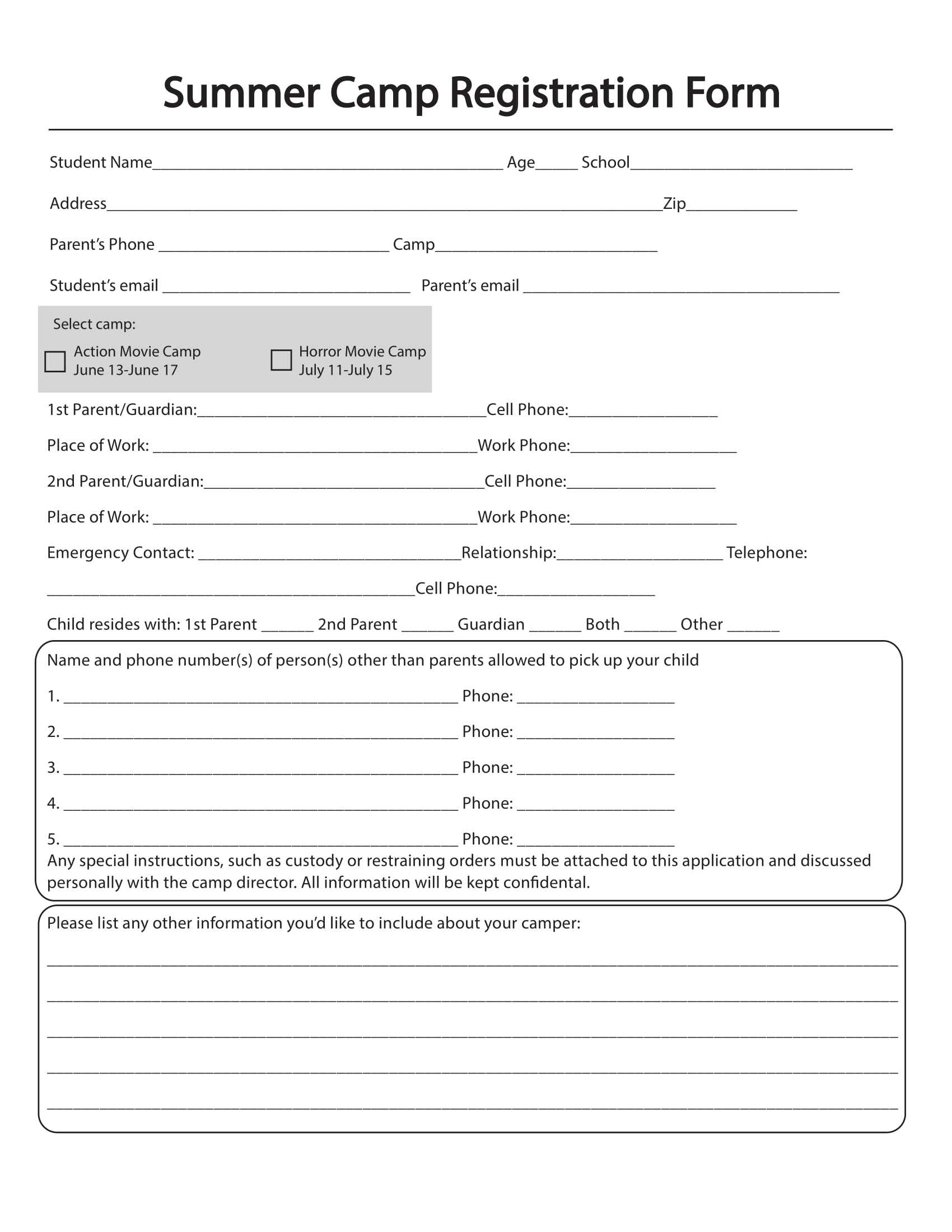 Free 10+ Printable Summer Camp Registration Forms | Pdf Throughout Camp Registration Form Template Word