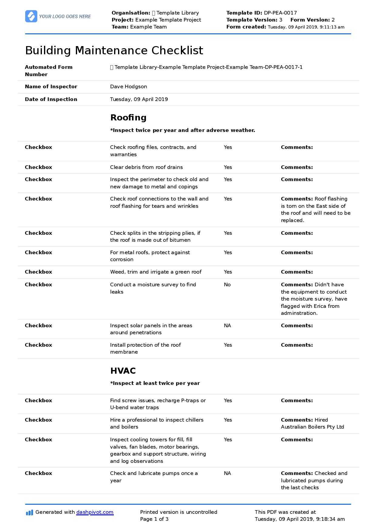 Free Building Maintenance Checklist (Better Than Pdf, Excel Pertaining To Computer Maintenance Report Template