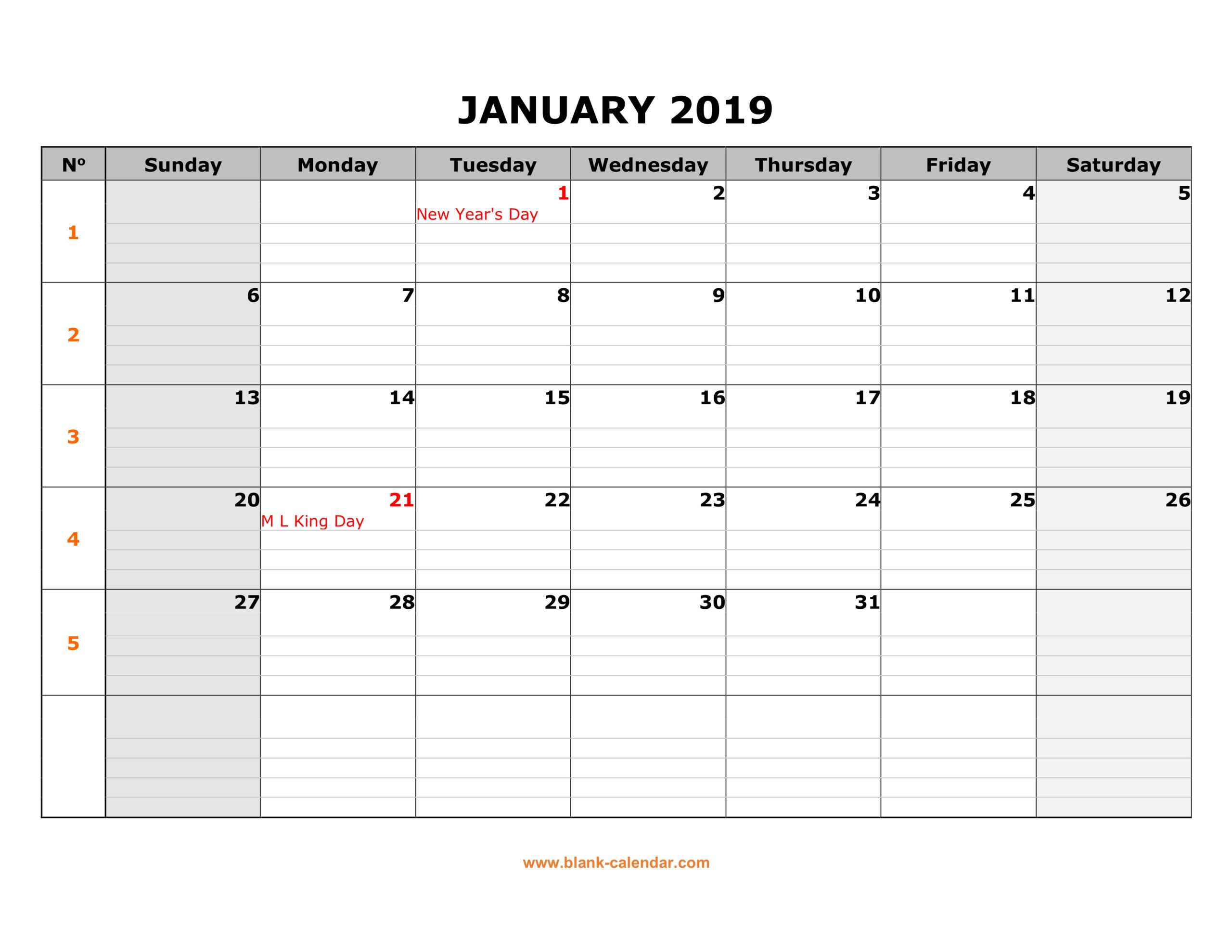 Free Download Printable Calendar 2019, Large Box Grid, Space In Blank One Month Calendar Template