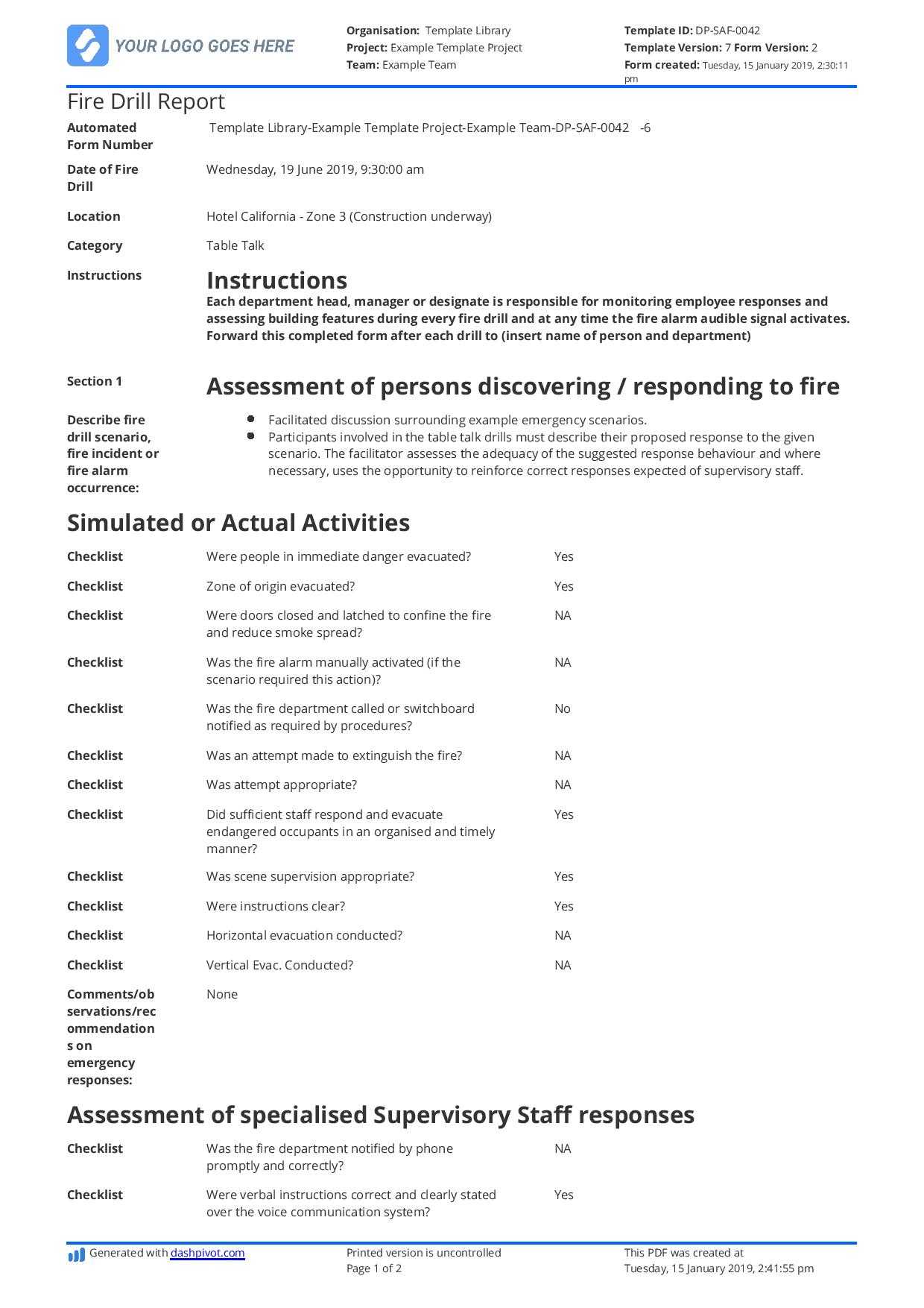 Free Fire Drill Report Template - Use, Customise, Download With Fire Evacuation Drill Report Template