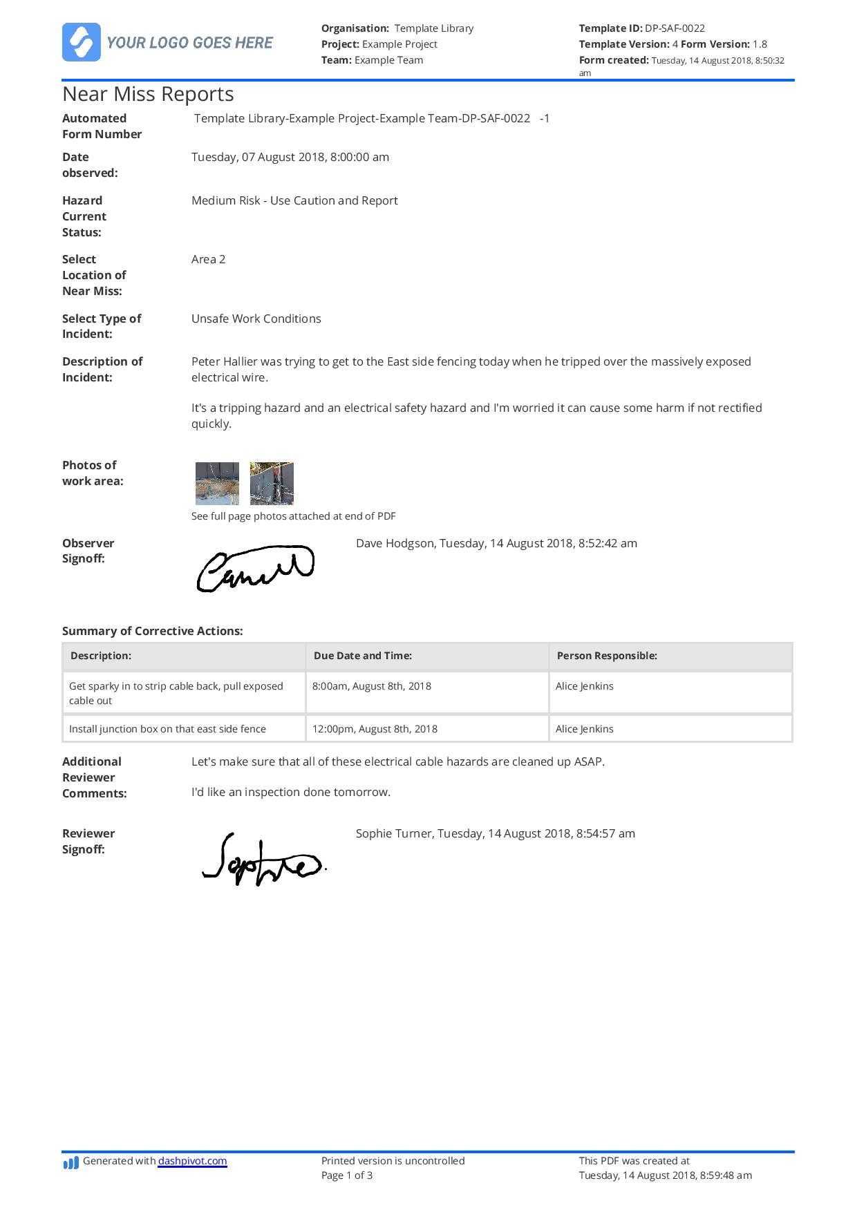 Free Near Miss Reporting Template (Easily Customisable) With Regard To Incident Summary Report Template