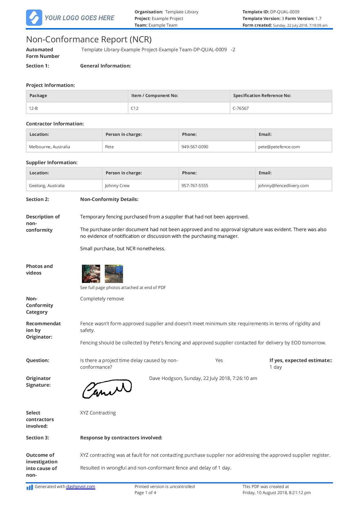 Free Non Conformance Report Template (Better Than Pdf And Throughout Ncr Report Template