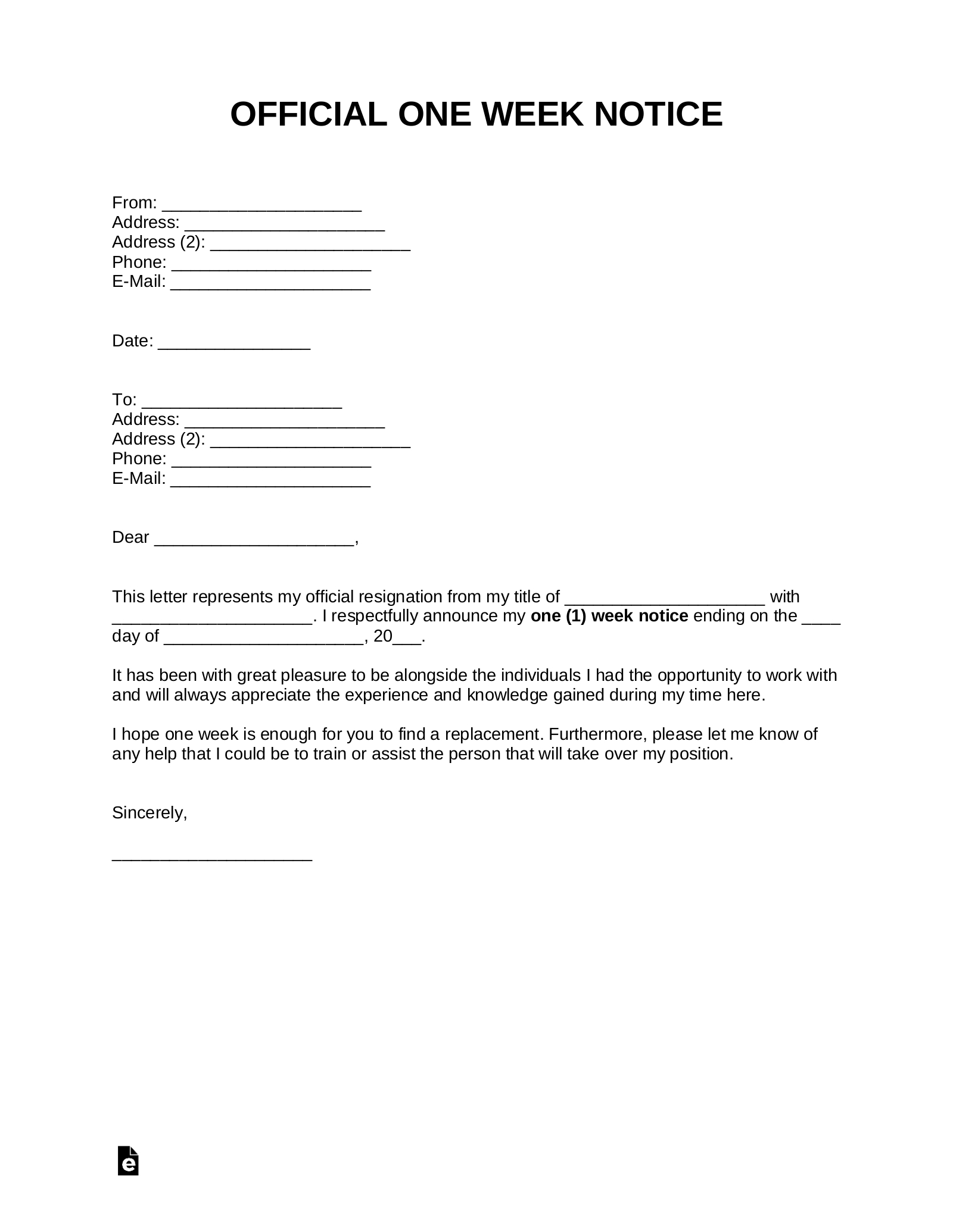 Free One Week Notice Letter | Templates & Samples – Pdf With Regard To Two Week Notice Template Word