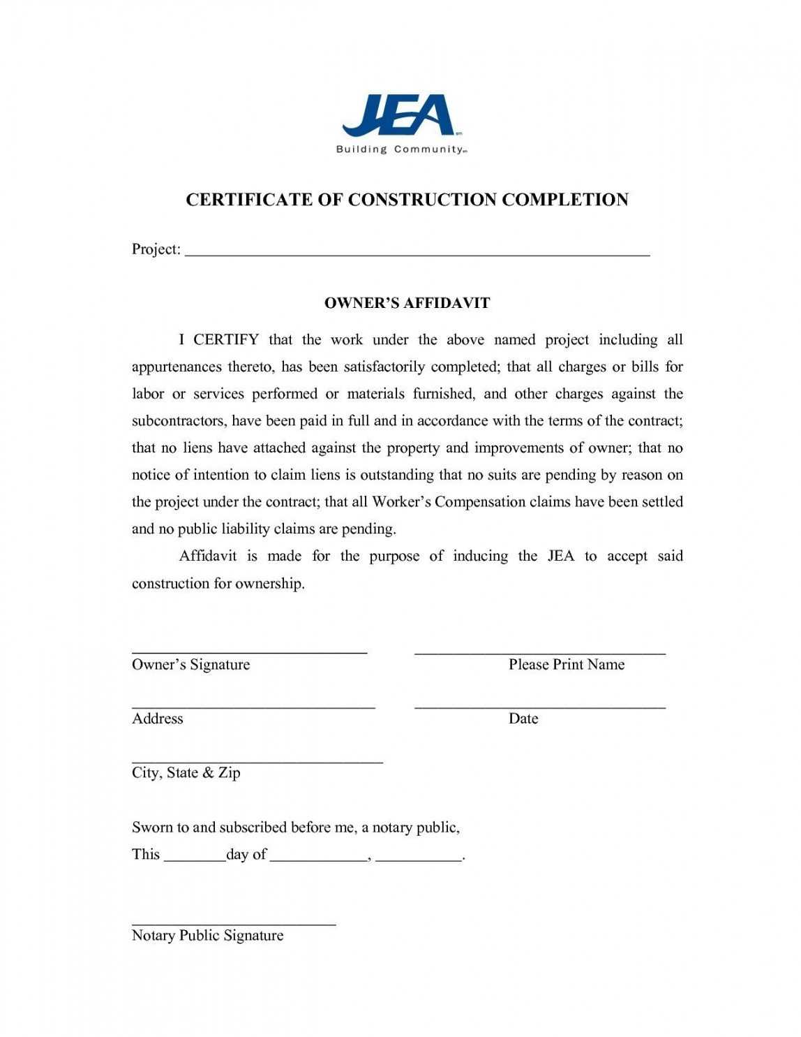 Free Project Completion Certificate Rmat In Word Template With Regard To Construction Certificate Of Completion Template
