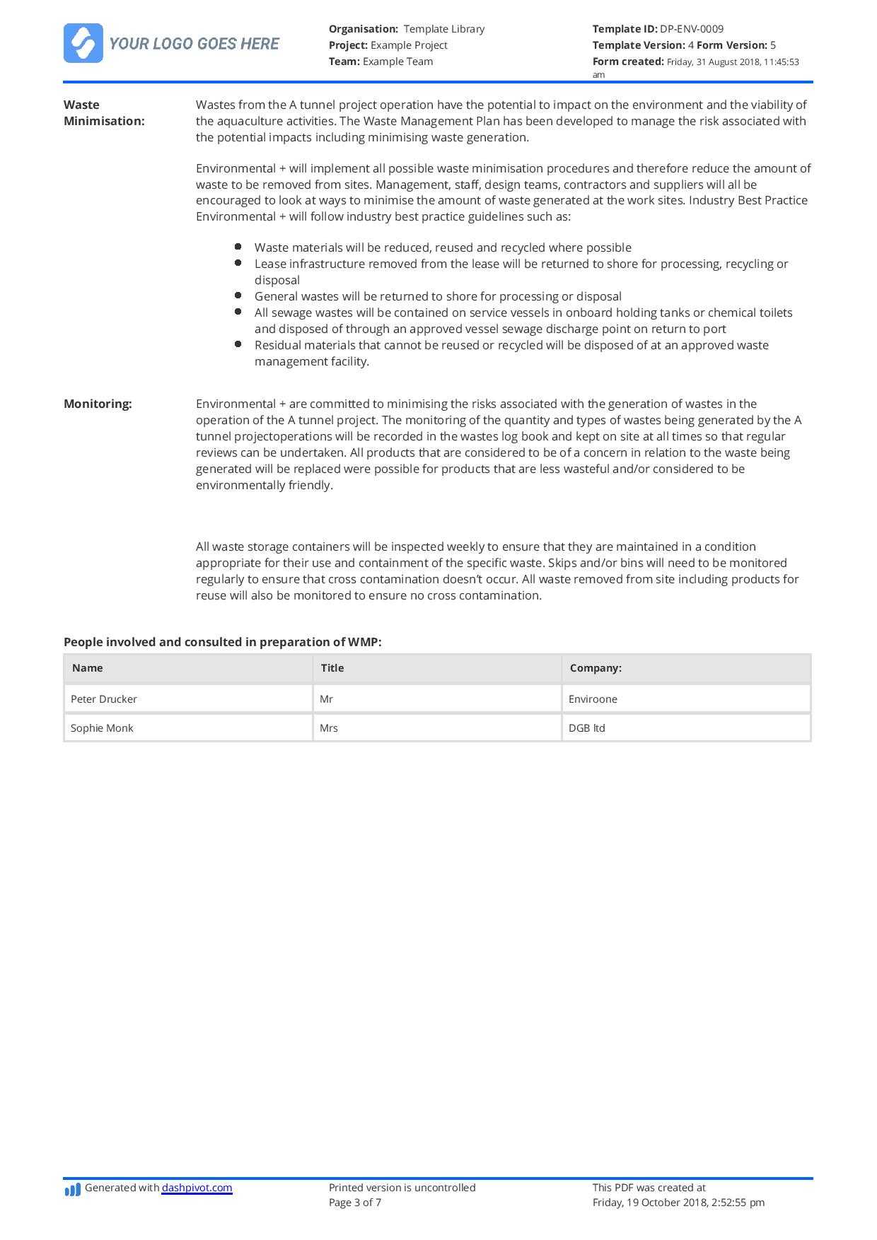 Free Waste Management Plan For Construction Site (Customisable) Regarding Waste Management Report Template