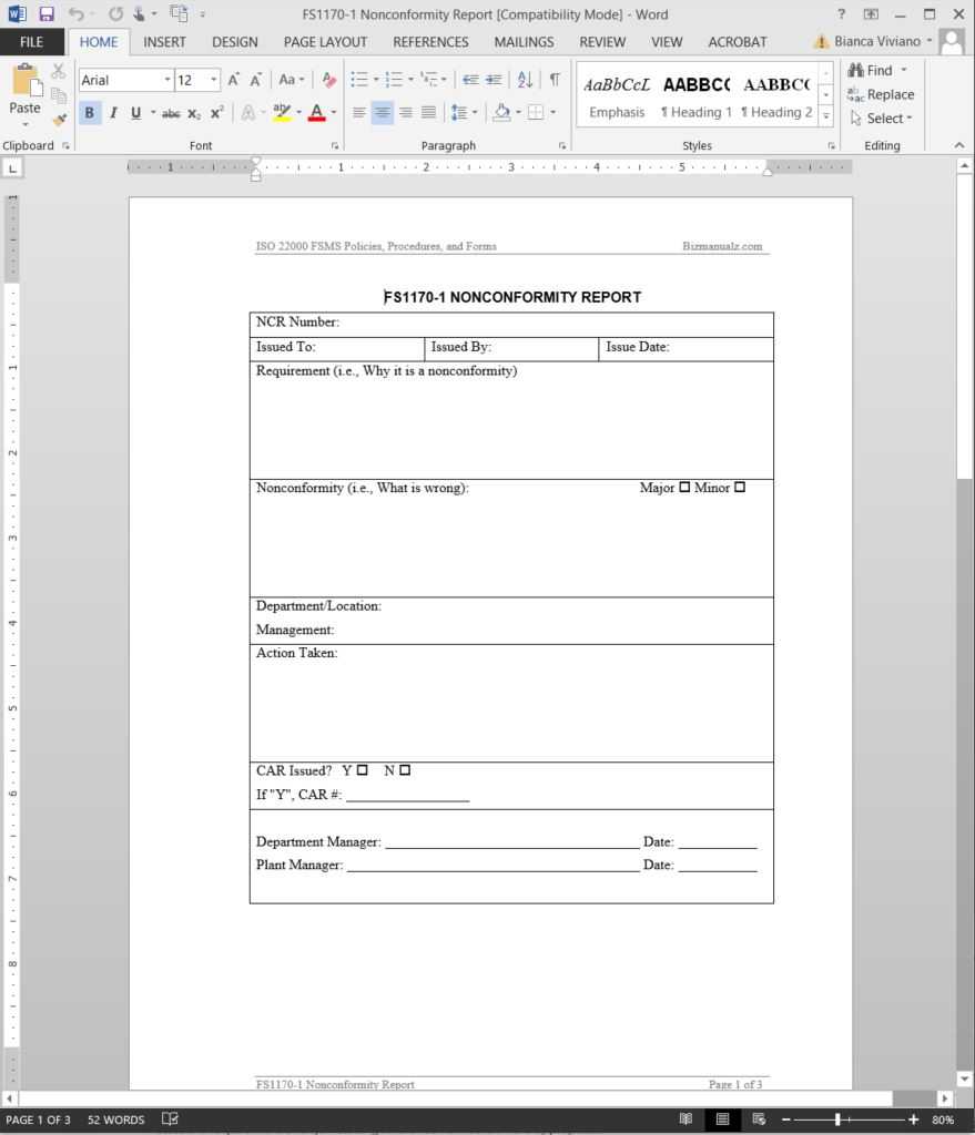 Fsms Nonconformity Report Template | Fds1170 1 With Non Conformance Report Template